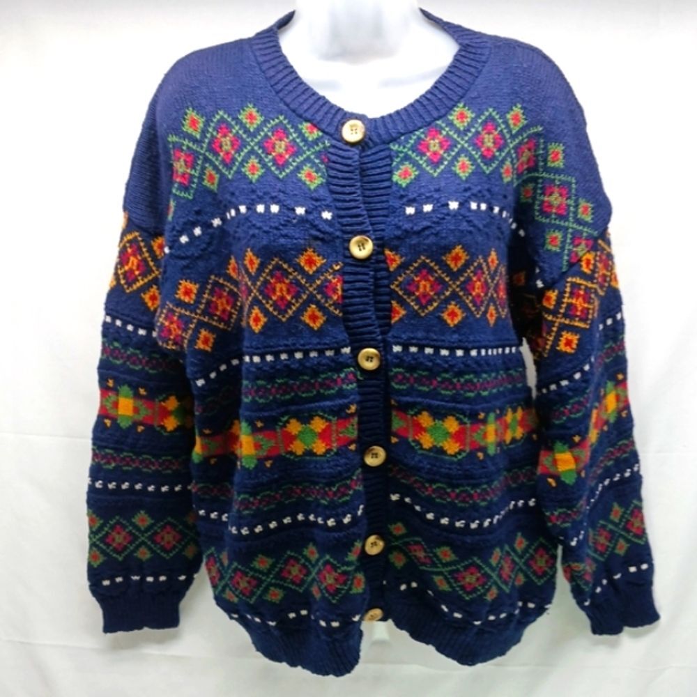 Dominic & Maria USA Vintage 80s Cotton Blue Button Cardigan Geo Pattern Large...